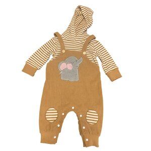 3-6M Hooded Baby Overall Bodysuit Elephant Applique Design Stripes Cotton